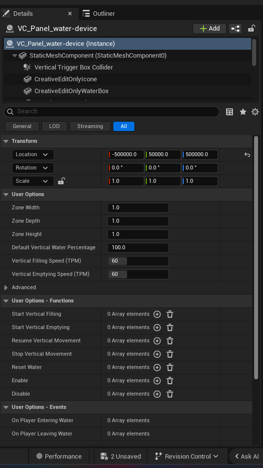 Water Device settings and options panel in the UEFN editor — Zone Width, Zone Depth, Zone Height, Default Vertical Water Percentage, Vertical Filling Speed TPM, Vertical Emptying Speed TPM