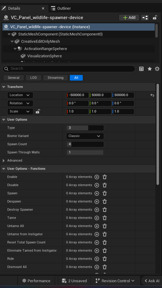 Wildlife Spawner Device settings and options panel in the UEFN editor — Type, Biome Variant, Spawn Count, Spawn Through Walls