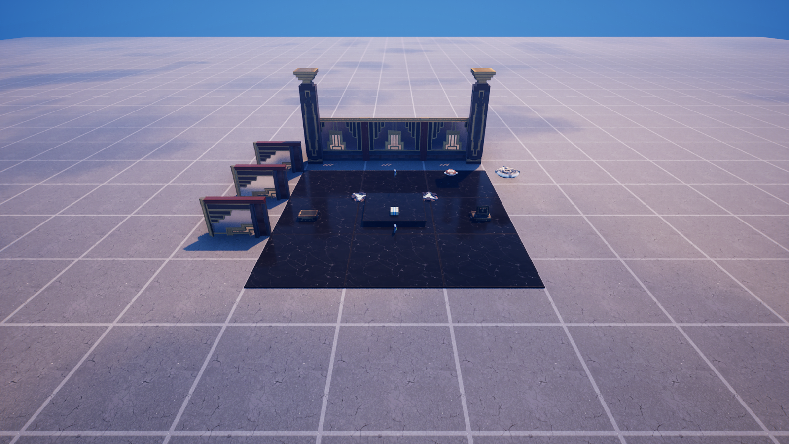 The finished Art Deco Vault: pillars, teller wall, safes, spinning display, and the rideable platform