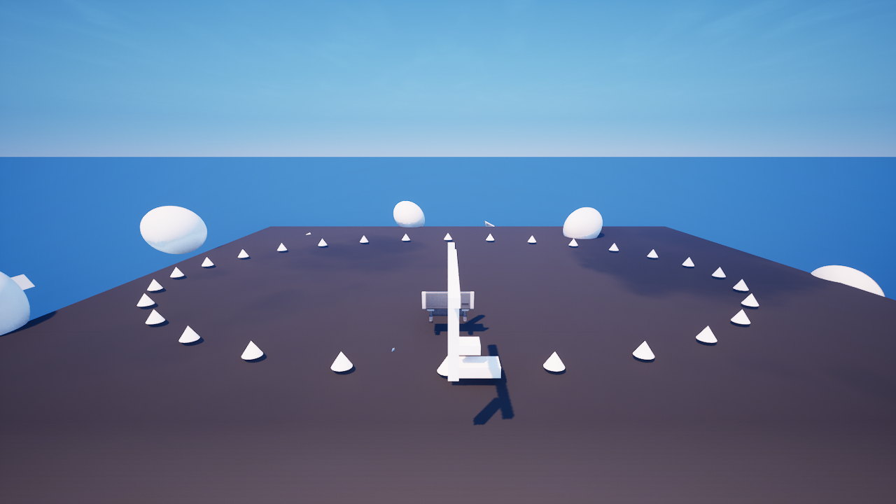 A blocky primitive car body on a desert racetrack, with a start-line button beside it