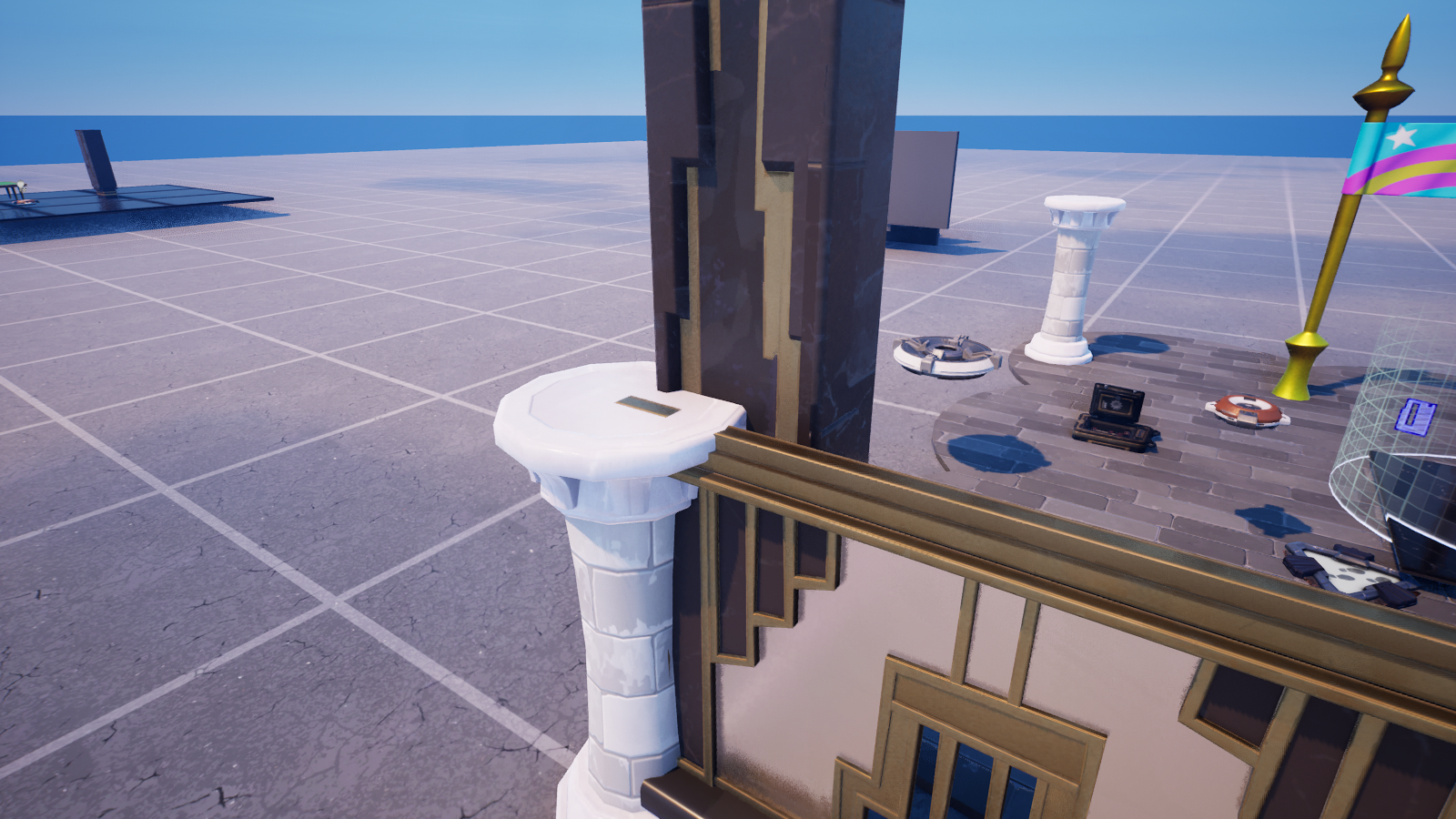 The arena in play: a character mid-bounce above the courtyard, scoreboard climbing