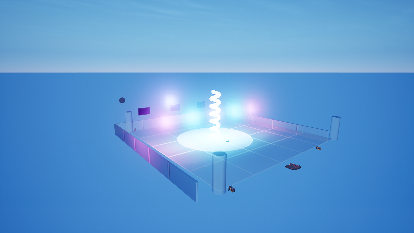 The finished neon club: dance floor, speaker stacks, lights, and the stage jukebox